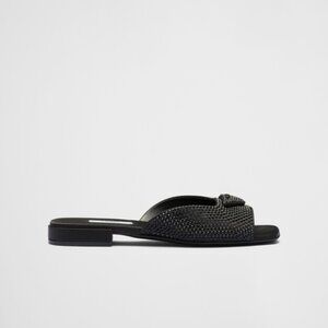 NWT Prada Slide Sandals Black Satin Crystal Embellishment Allover Triangle Logo